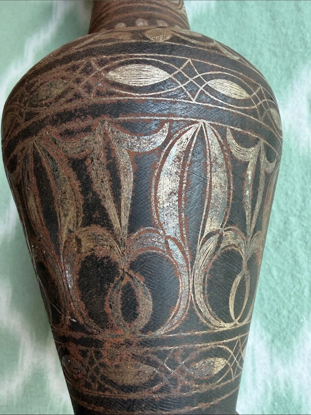 Vintage Black Brown Oxidized Metal Vase Floral and Stripe Etched  - Home Accent